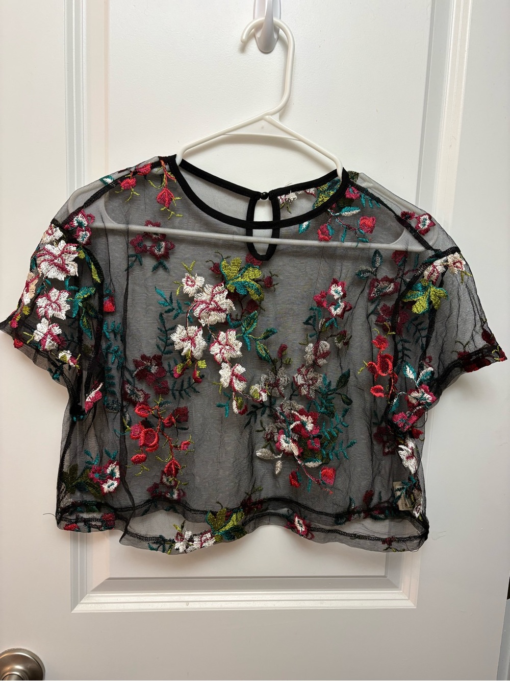 Sheer Black Floral Embroidered Crop Top